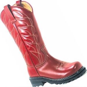 John Fluevog Red Leather Resoled F-Shoe Hi Cowboy Western Boots, Sz 10.5